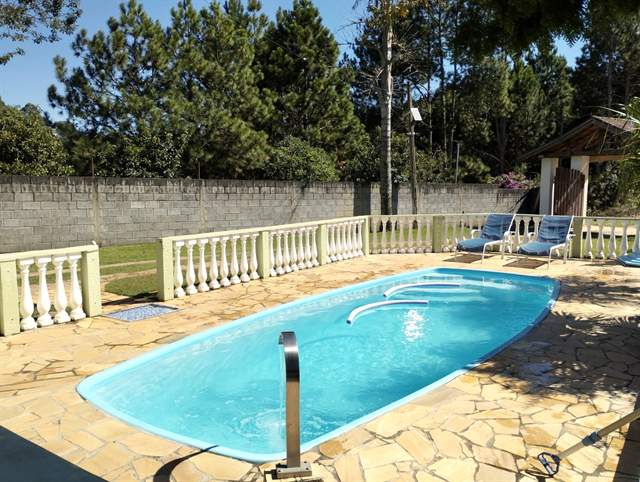Piscina com deck de pedra e espreguiçadeiras, cercada de verde